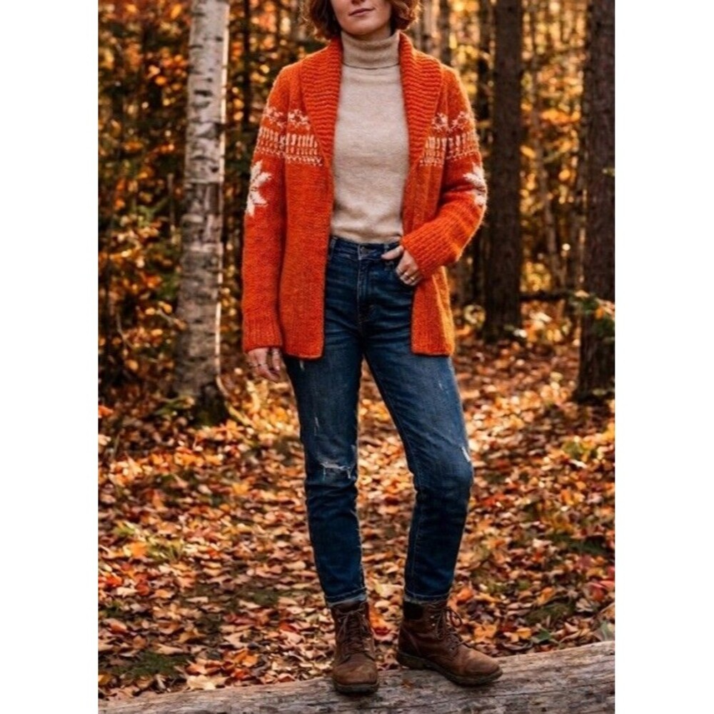 NWT True Grit S Chunky Knit Cardigan Sweater Orange Fair Isle Shawl VNTG-STYLE ￼